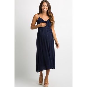 Navy bow-tie-front buttondown midi maternity dress